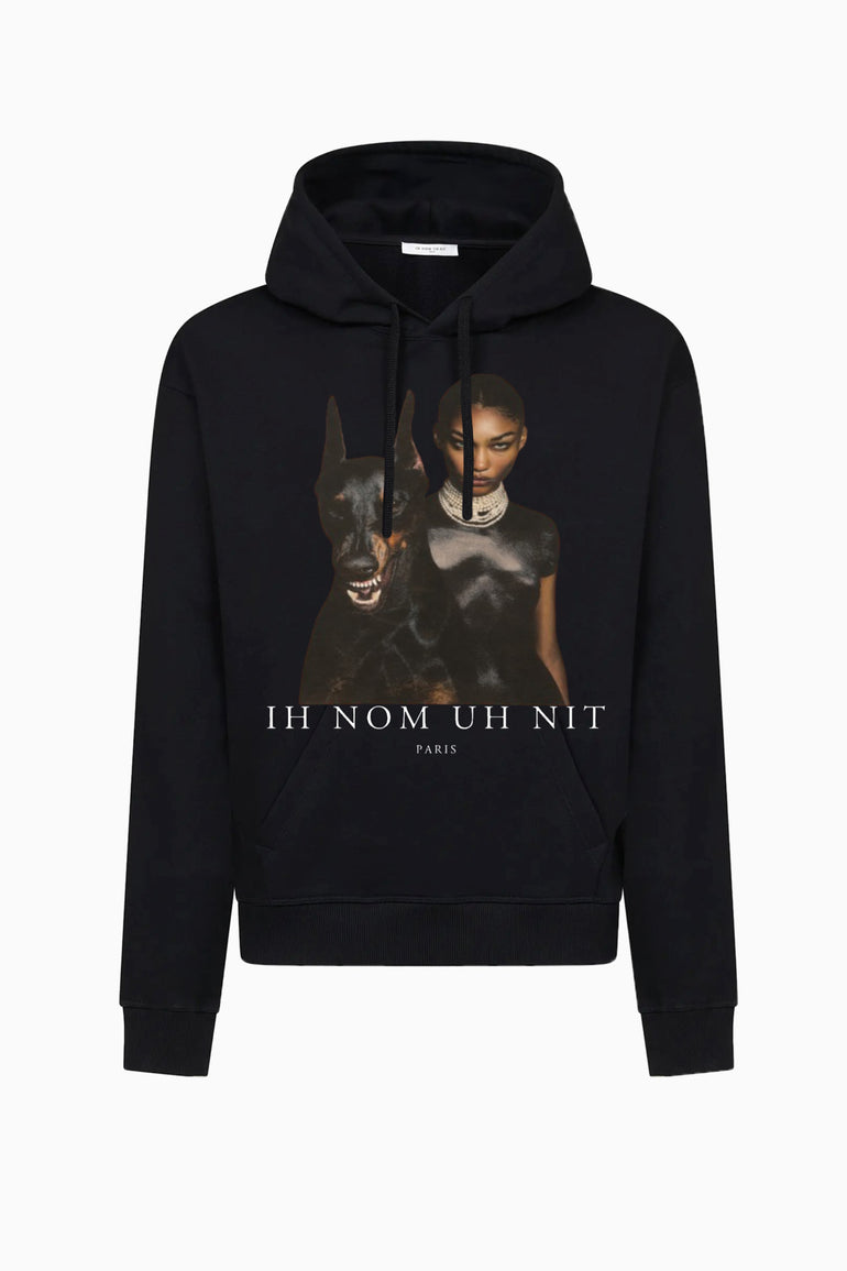 IH NOM UH NIT FW26 black cotton Family Print Hoodie with female portrait and Dobermann graphic, front view