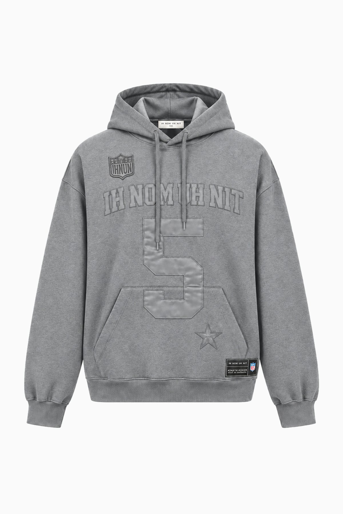 IH NOM UH NIT FW26 grey oversized hoodie with tonal number 5, logo lettering and patch details, front view