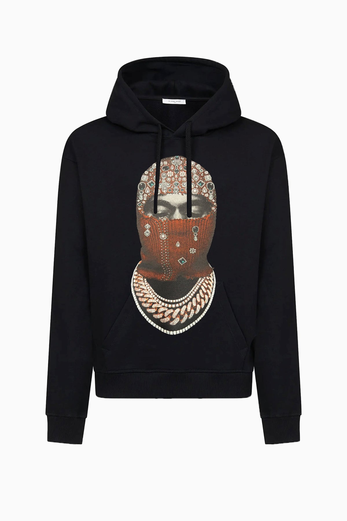 IH NOM UH NIT FW26 black cotton hoodie with Mask Jewelry graphic and printed jewel and chain details, front view