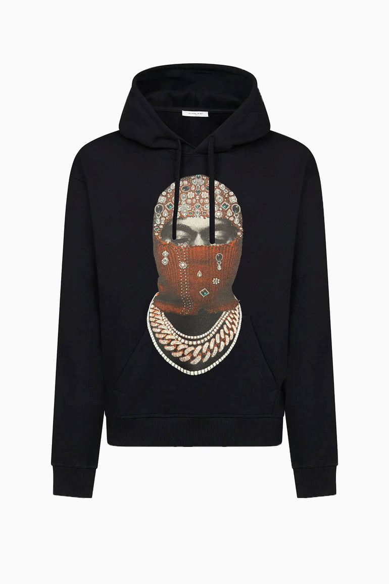 IH NOM UH NIT FW26 black cotton hoodie with Mask Jewelry graphic and printed jewel and chain details, front view