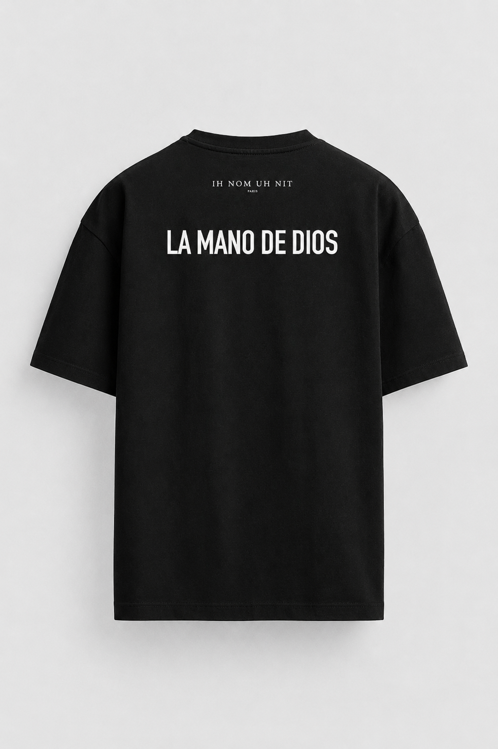 IH NOM UH NIT oversized white D10S T-shirt featuring sky blue heritage-inspired mask graphics and La Mano de Dios back print.