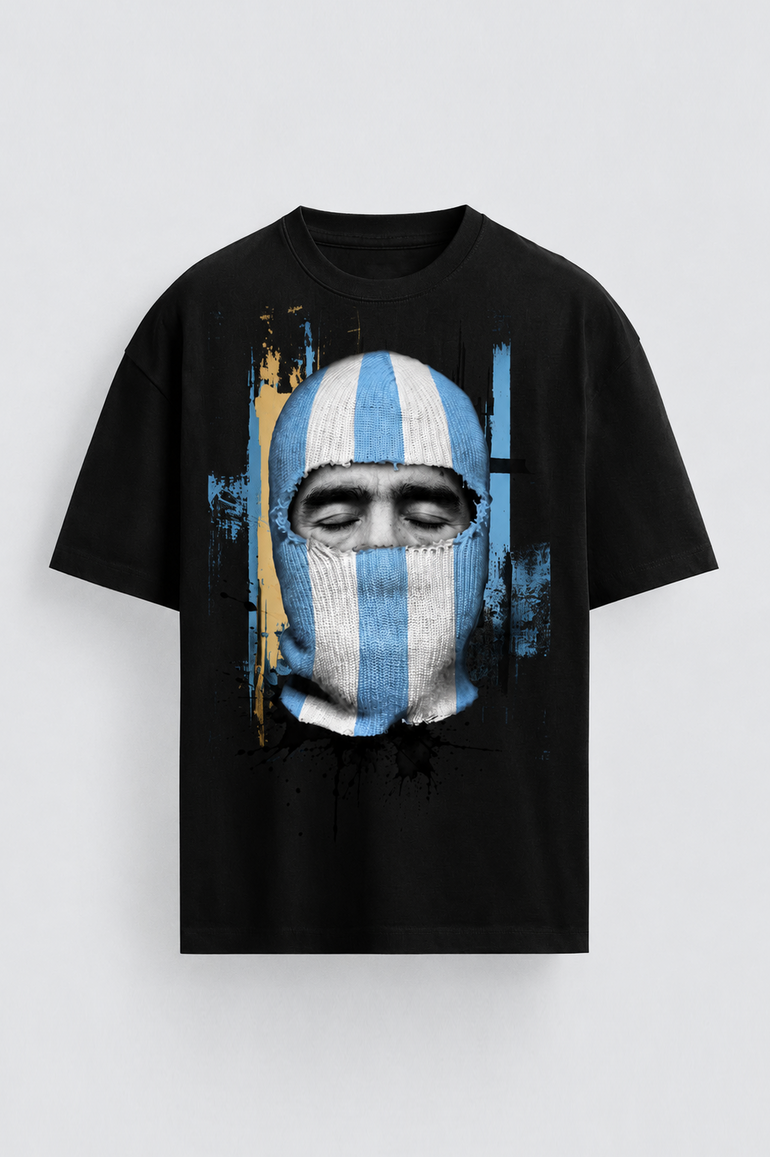 IH NOM UH NIT oversized white D10S T-shirt featuring sky blue heritage-inspired mask graphics and La Mano de Dios back print.