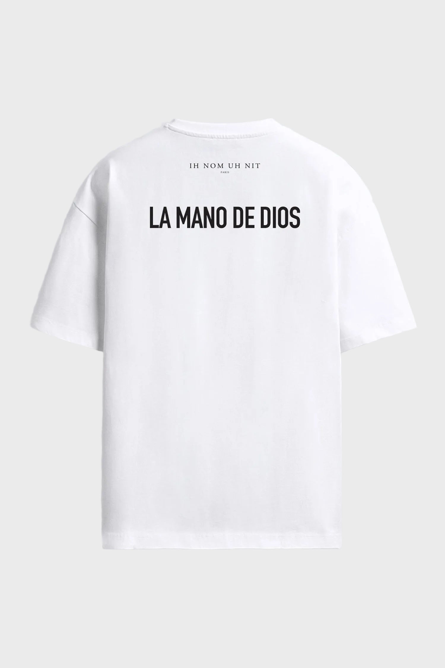 IH NOM UH NIT oversized white D10S T-shirt featuring sky blue heritage-inspired mask graphics and La Mano de Dios back print.