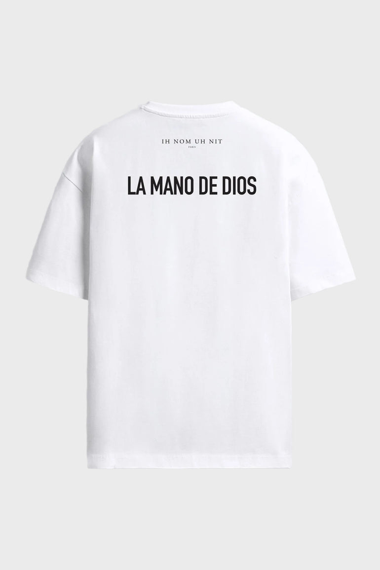 IH NOM UH NIT oversized white D10S T-shirt featuring sky blue heritage-inspired mask graphics and La Mano de Dios back print.