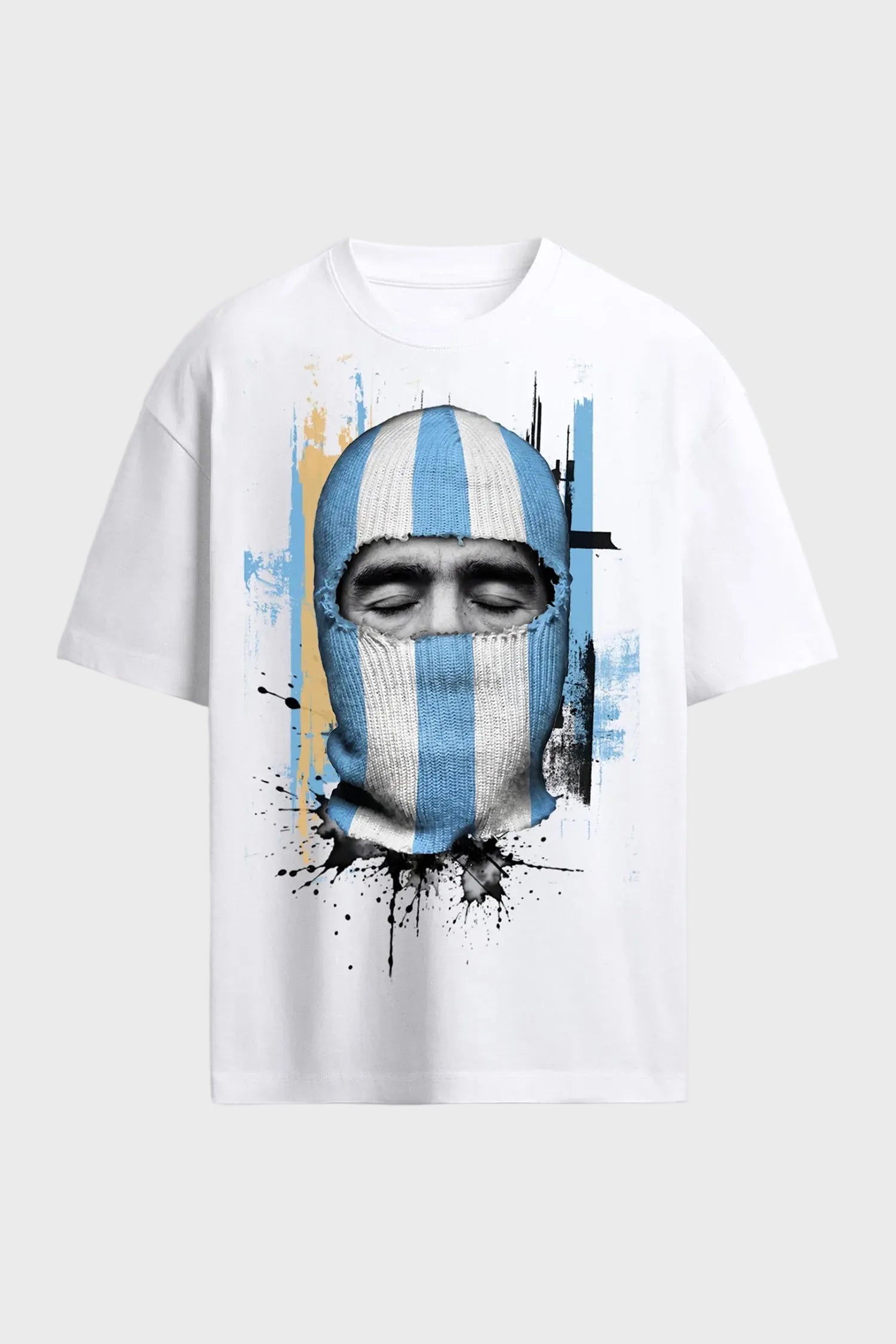 IH NOM UH NIT oversized white D10S T-shirt featuring sky blue heritage-inspired mask graphics and La Mano de Dios back print.