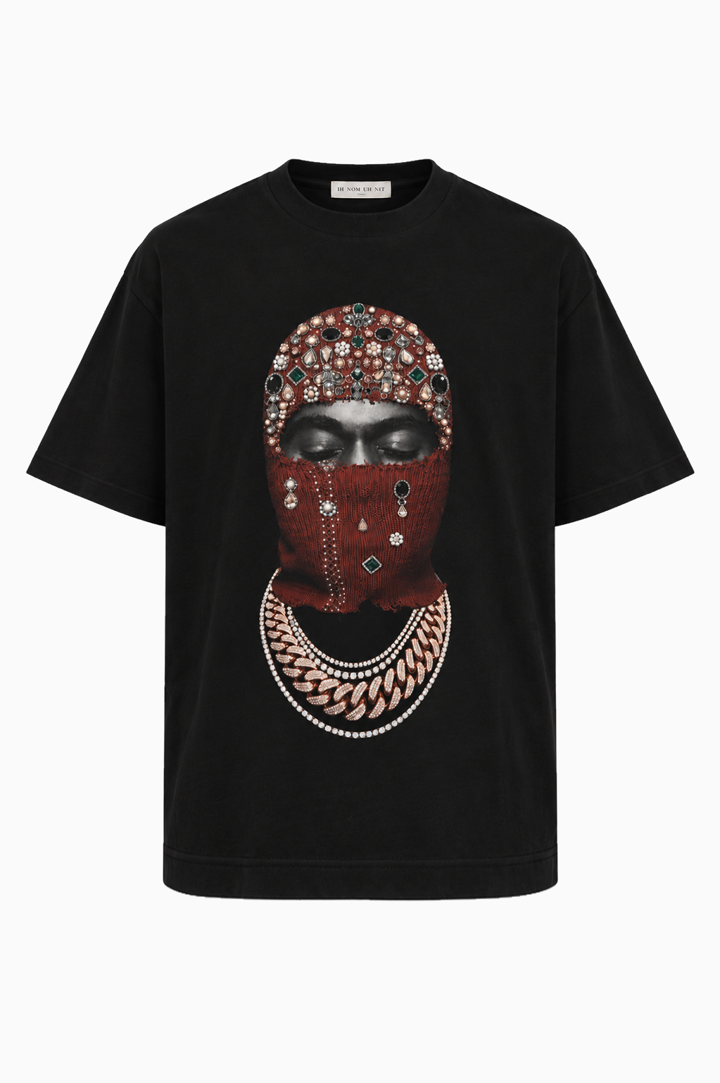 IH NOM UH NIT FW26 black cotton T-shirt with Mask Jewelry photographic print and embroidered crystal, stone and pearl-like embellishments, front view.