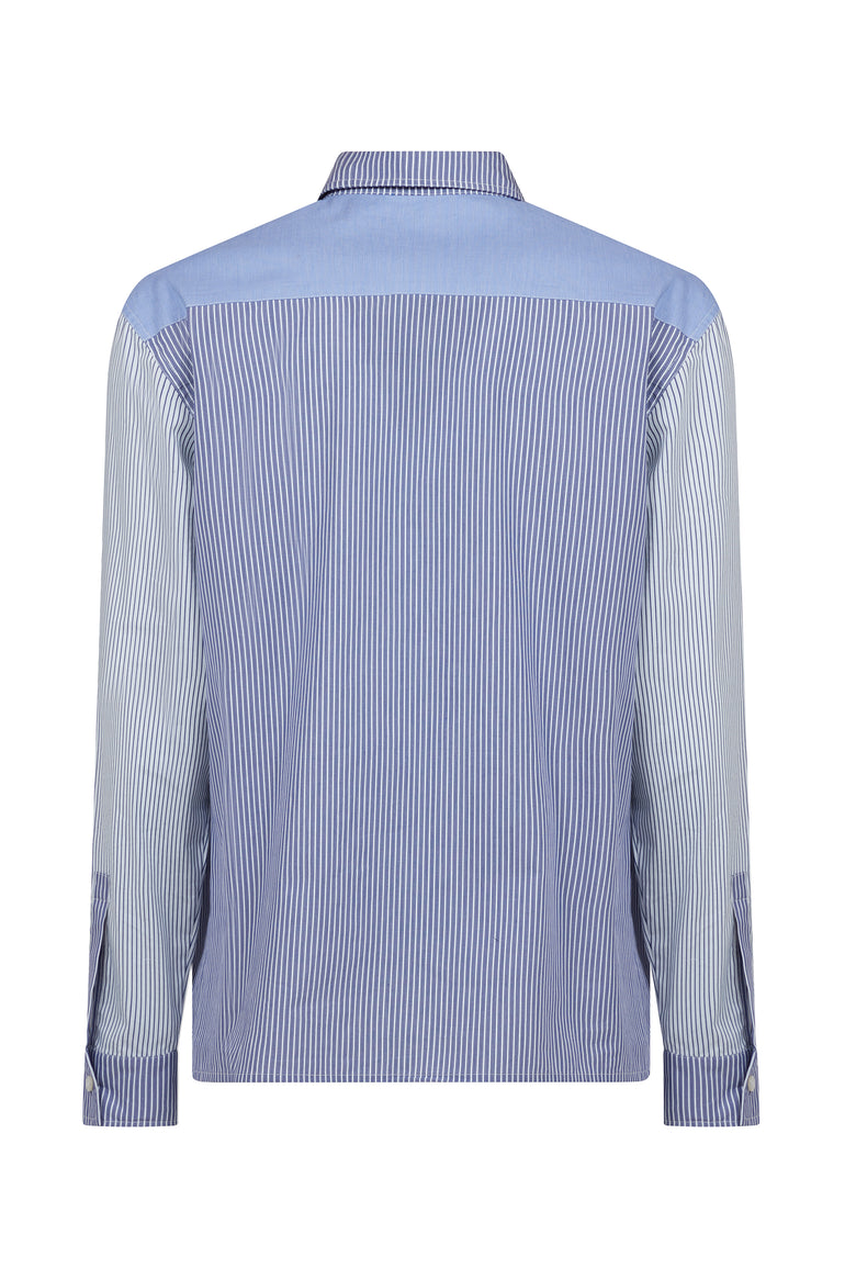 IH NOM UH NIT FW26 blue and white mixed stripe cotton shirt with contrasting shoulder yoke, back view