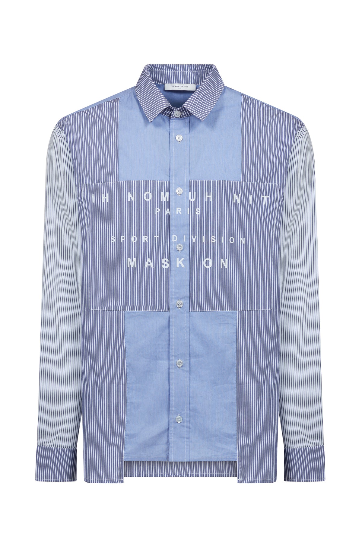 IH NOM UH NIT FW26 blue and white mixed stripe cotton shirt with layered panels and Mask On graphic, front view