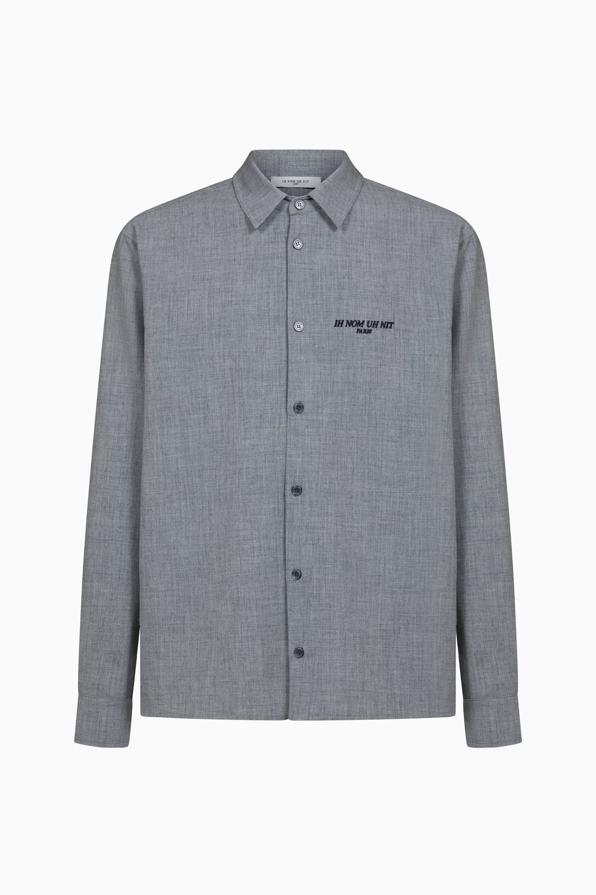 IH NOM UH NIT FW26 grey flannel shirt with small IH NOM UH NIT PARIS chest logo, front view