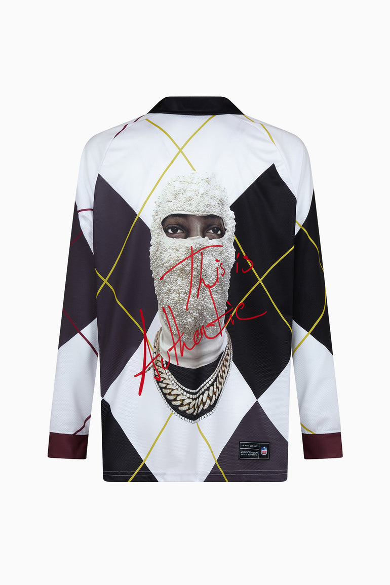 IH NOM UH NIT long sleeve technical rugby jersey with argyle-inspired print, Mask artwork, and collegiate logo graphics