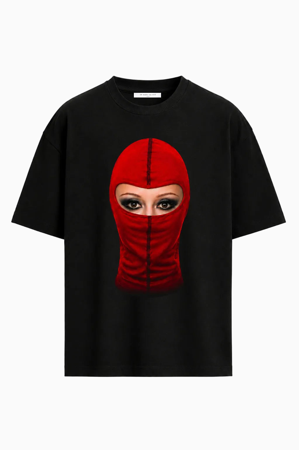 IH NOM UH NIT Mask Off – Love All black T-shirt featuring a red mask graphic on the front and multicolor LOVE artwork on the back from the online exclusive capsule collection.