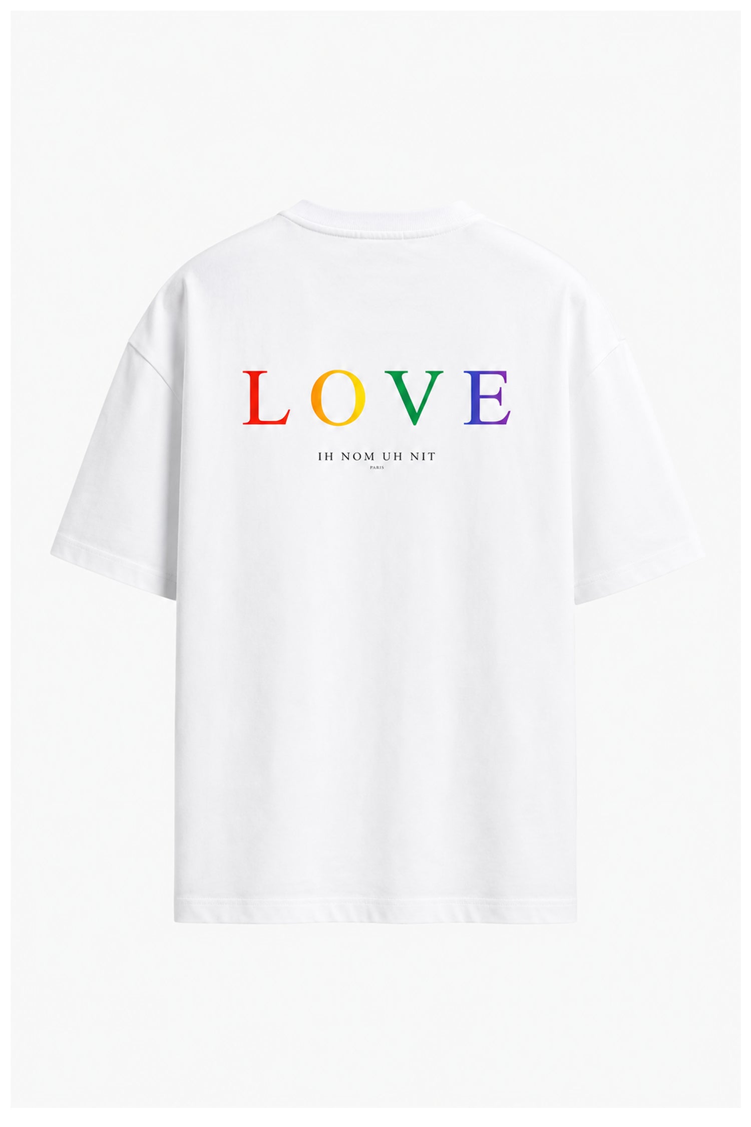 IH NOM UH NIT Mask Off – Love All white T-shirt with rainbow mask graphic and LOVE artwork from the online exclusive capsule collection.