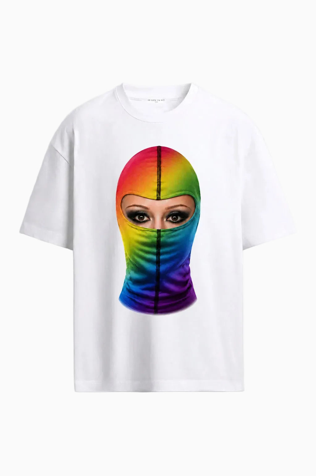 IH NOM UH NIT Mask Off – Love All white T-shirt with rainbow mask graphic and LOVE artwork from the online exclusive capsule collection.