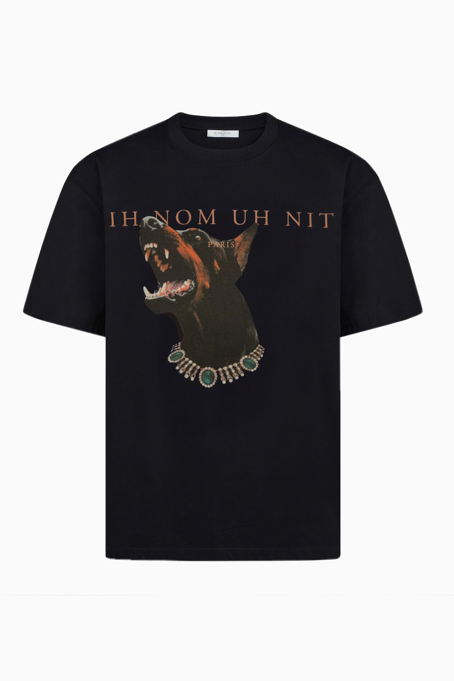IH NOM UH NIT black cotton T-shirt featuring the New Dobermann graphic with emerald-inspired jeweled necklace