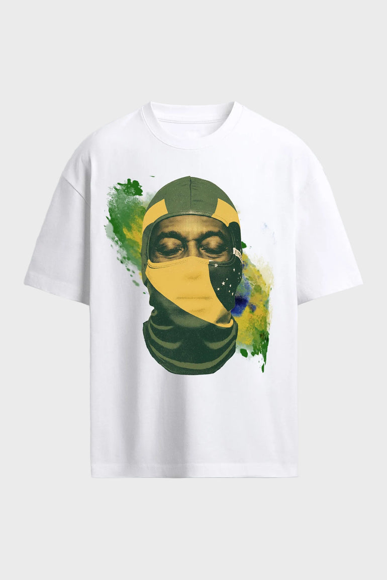IH NOM UH NIT oversized white O Rei mask T-shirt featuring Brazil-inspired graphic artwork and statement back print.